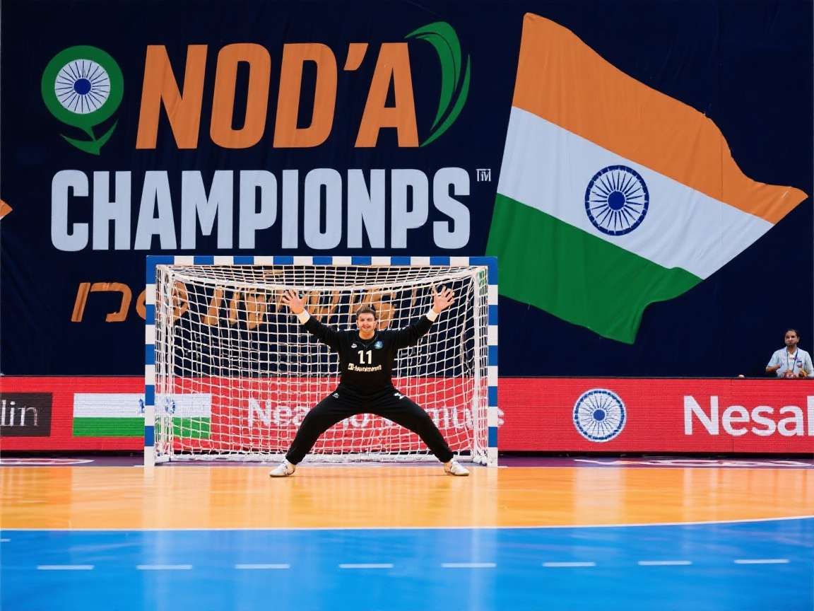 Champion's Handball: India - Intense match action Champion's Handball: India gameplay screenshot showing a handball match in an Indian stadium